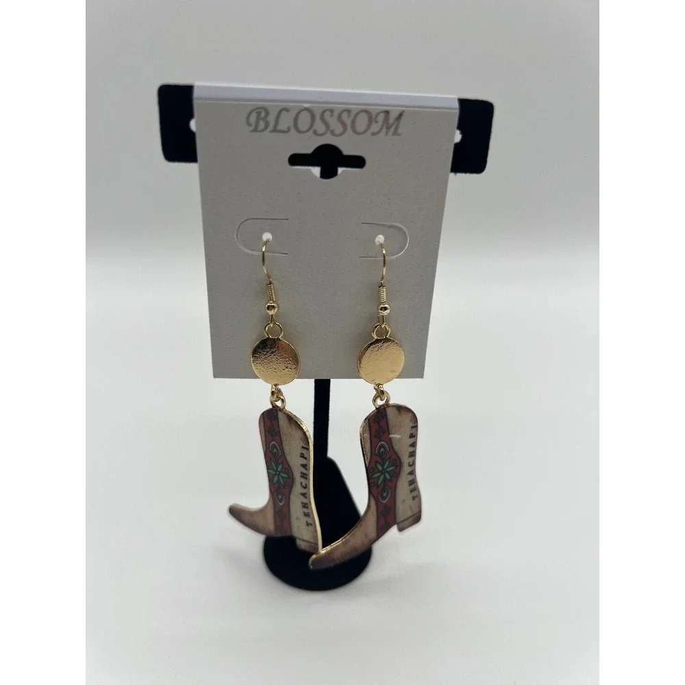 Blossom Tehachapi Cowboy Boot Drop Earrings Gold Tone Western Dangle Boho